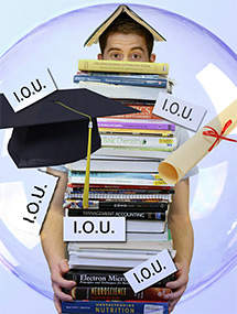 Graduating student with arms laden with books and IOUs