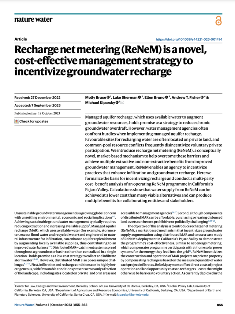 First page of Nature Water article entitled "Recharge net metering (ReNeM) is a novel, cost-effective management strategy to incentivize groundwater recharge"