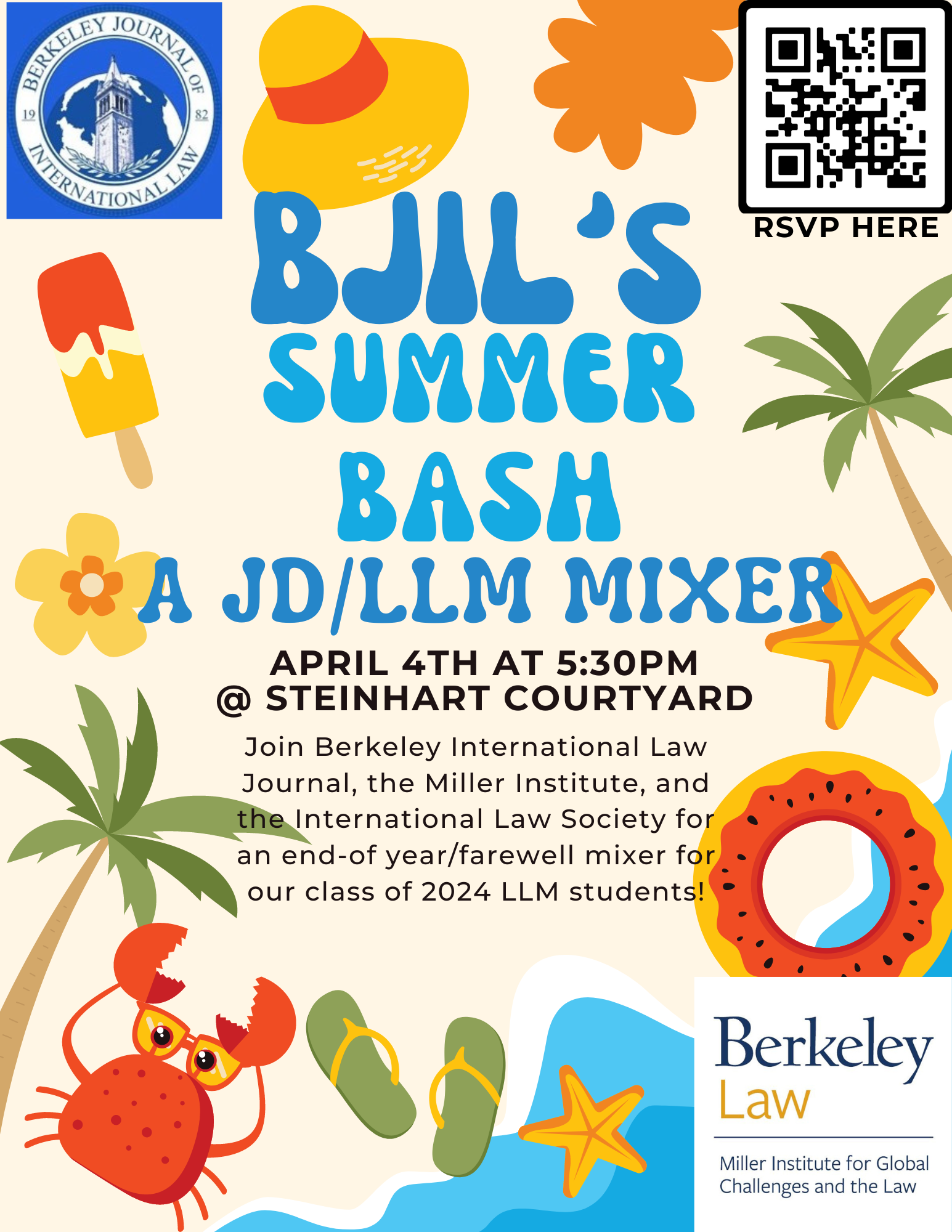 BJIL Summer Bash, A JD/LLM Mixer flyer, with a summer themed background