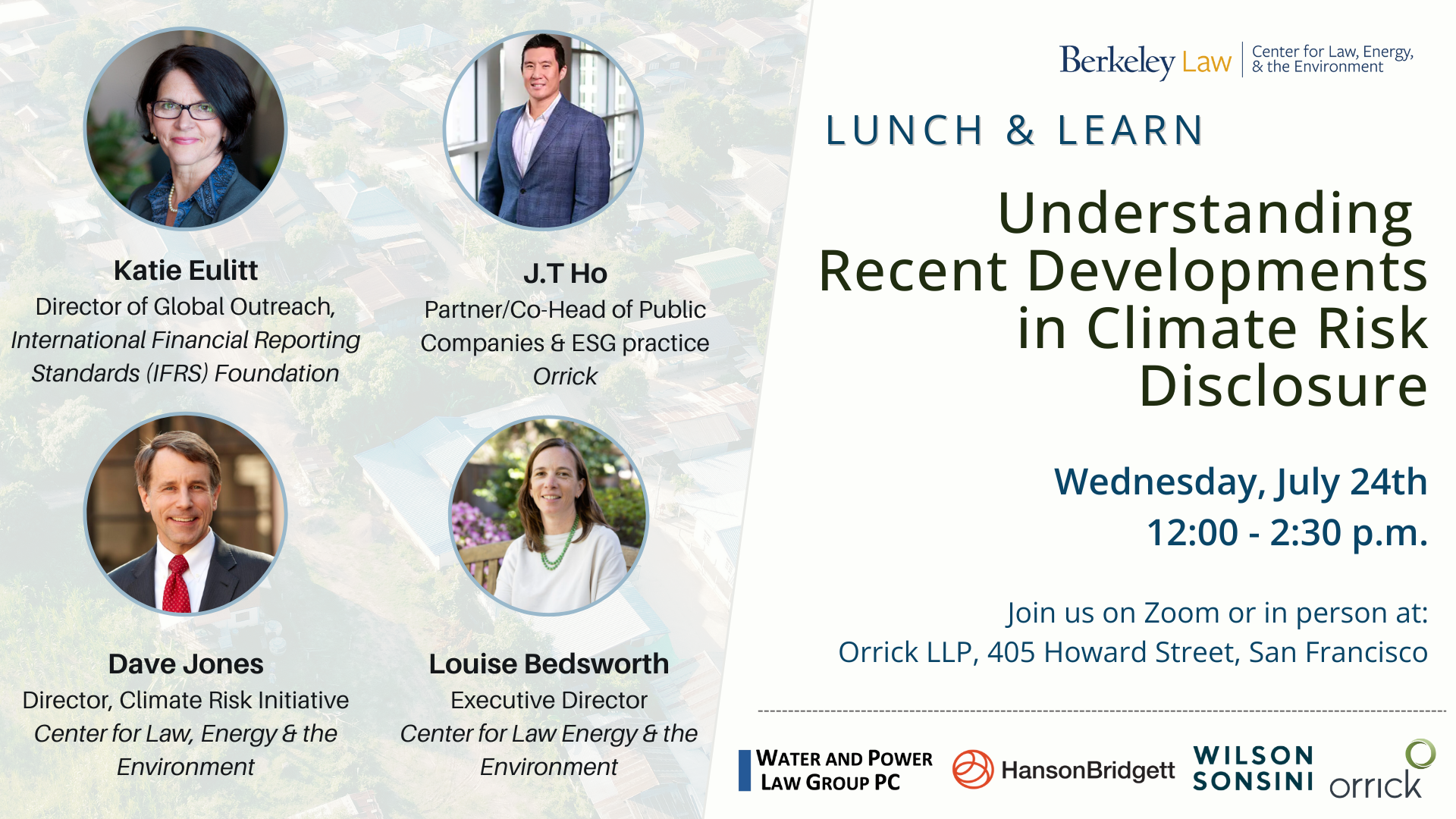 Lunch & Learn: Understanding Recent Developments in Climate Risk Disclosure on a green background with our three panelists listed on the left.