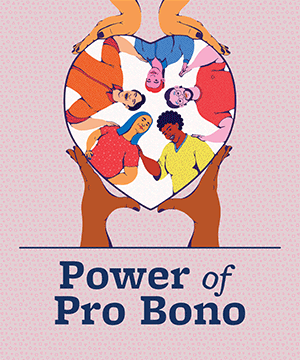 Illustration of hands holding up a heart with people inside it, with the words Power of Pro Bono