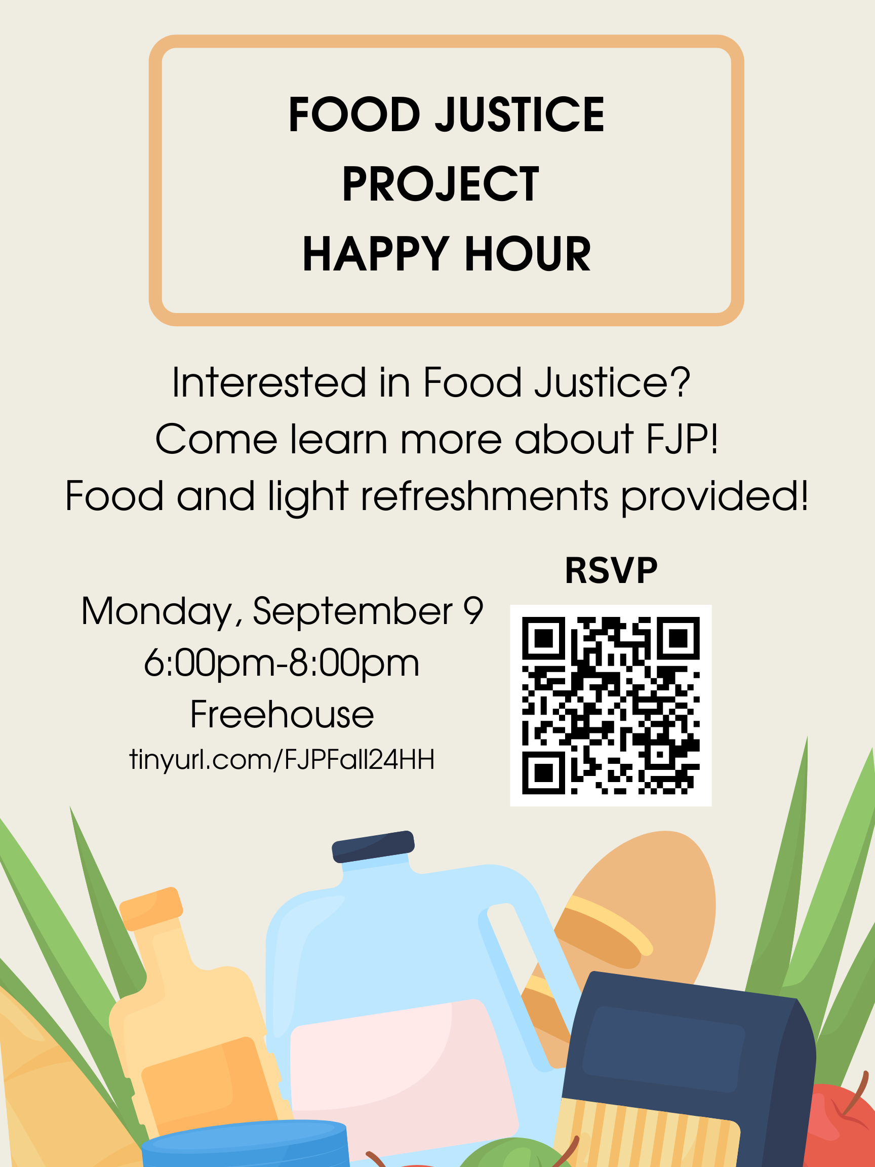 A flyer with event details for the Food Justice Happy Hour..