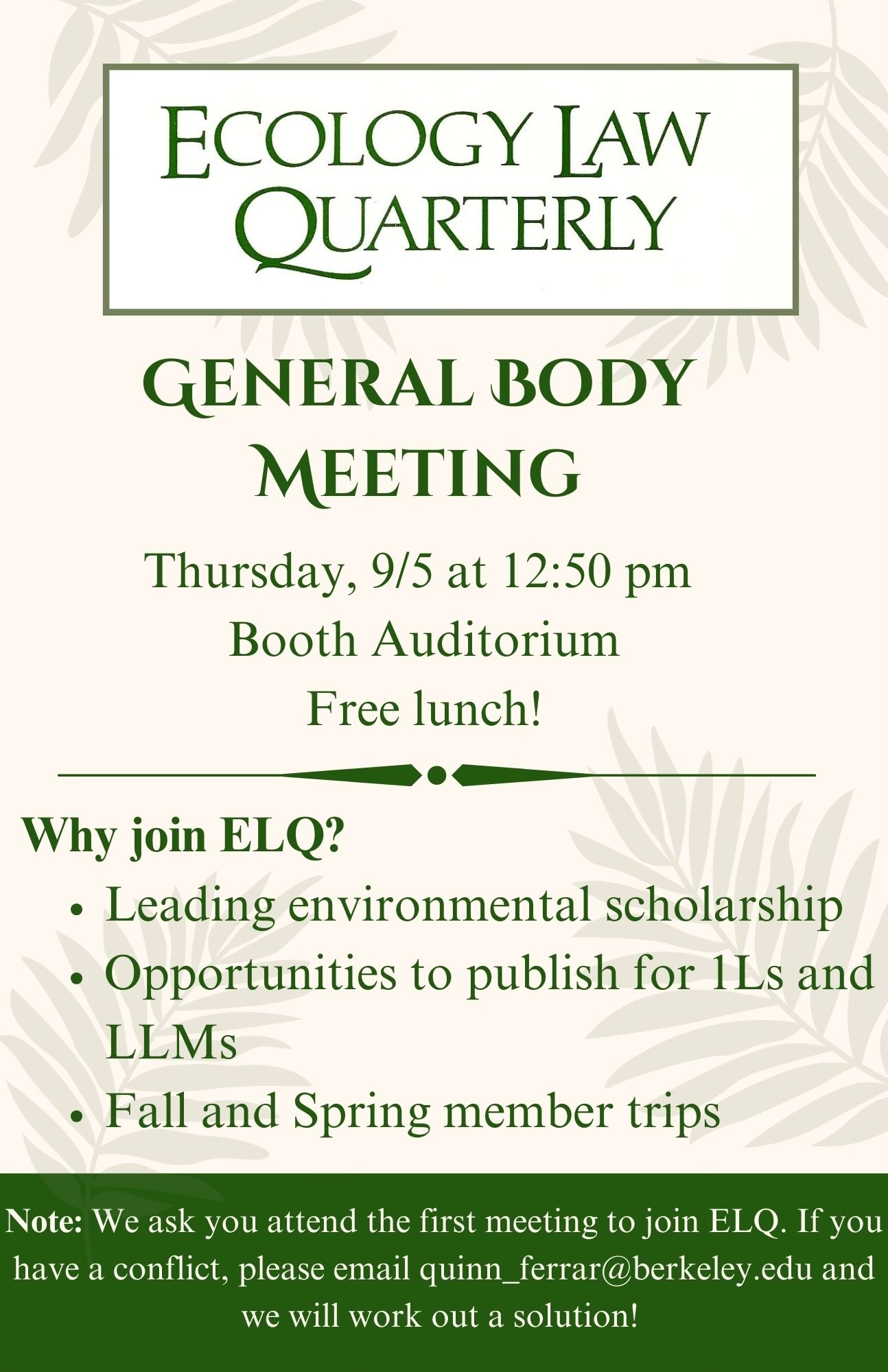 Poster advertising ELQ's general body meeting, in booth auditorium on September 5 at 12:50 pm.