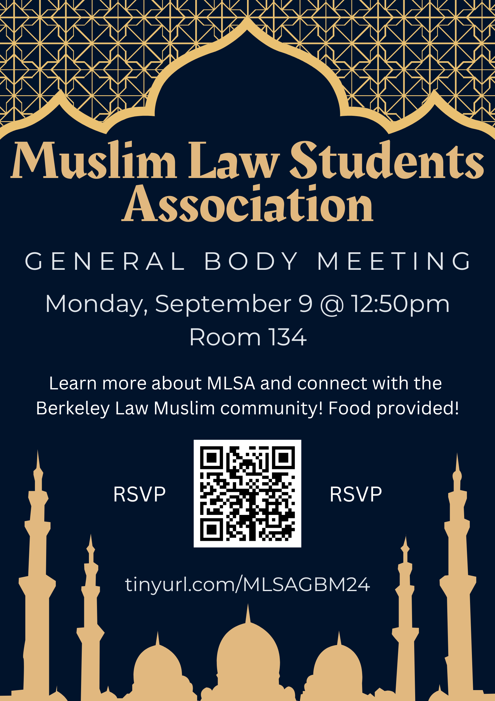 A flyer with event details for the MLSA Fall 24 General Body Meeting.