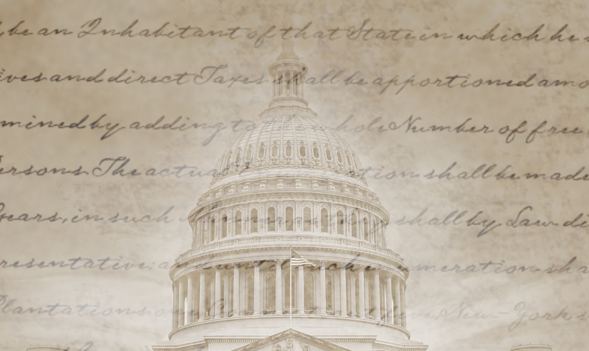 sepia image of u.s. capitol with writing over top