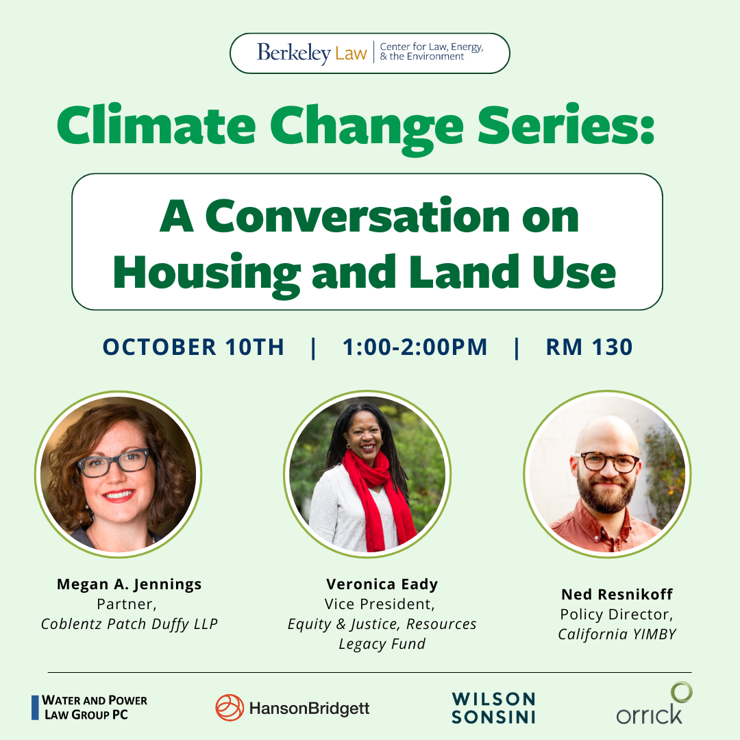 Flyer that says "Climate Change Series: A Conversation on Housing and Land Use" on a green background with speakers shown below.