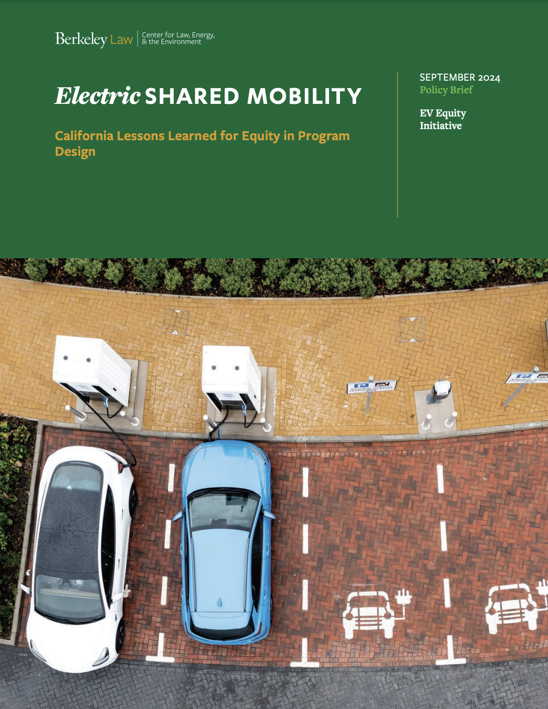 Report cover with green banner on top with report title, 'Electric Shared Mobility', and photo of two electric vehicles charging.