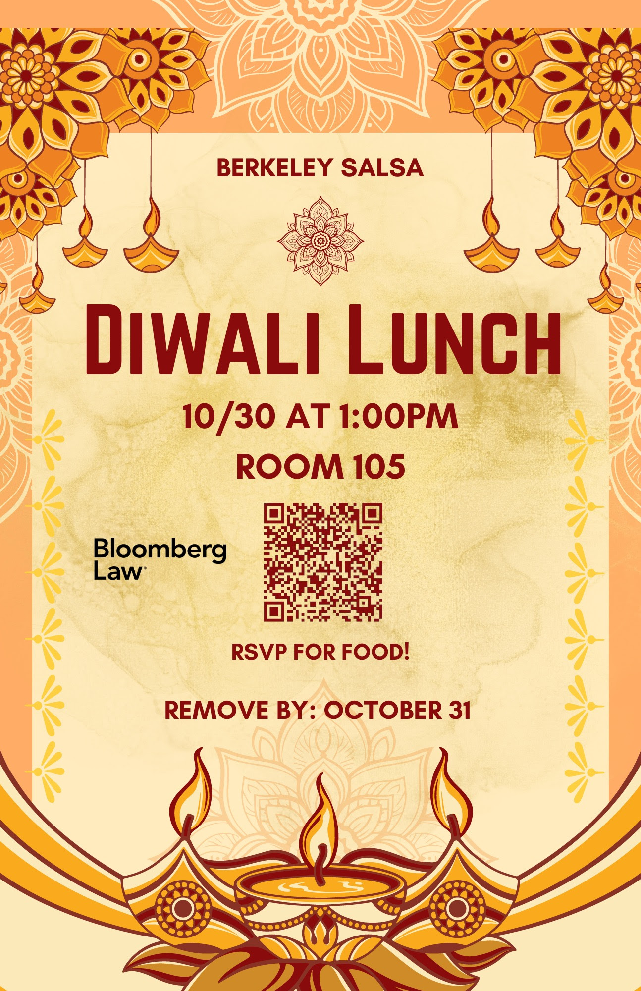 SALSA Flyer for Diwali Lunch on 10/30 at 1pm in room 105. Sponsored by Bloomberg.