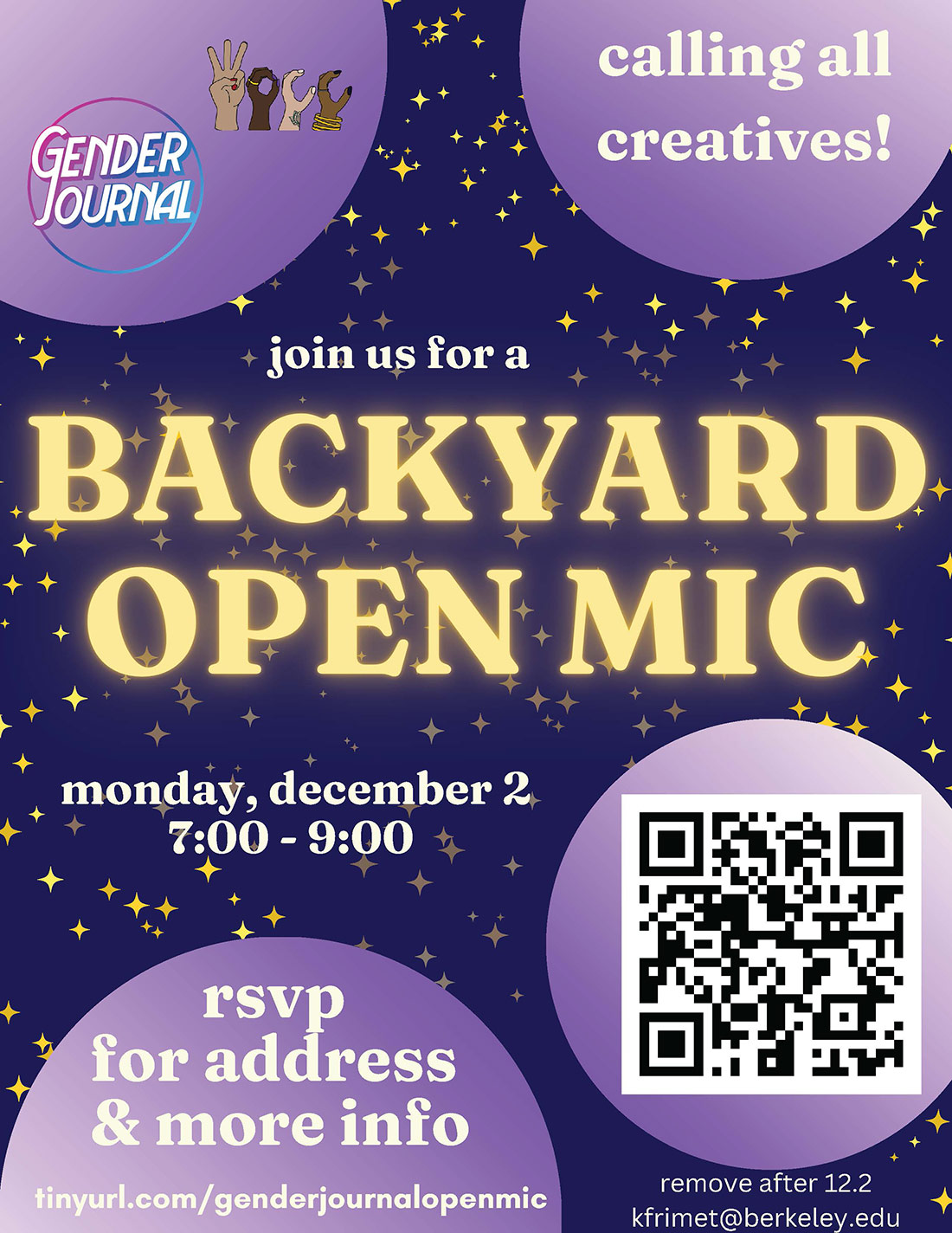 Blue and purple flyer with Gender Journal and WOCC+ logos. Text says Calling all creatives! Join us for a backyard open mic. Dec 2, 7:00-9:00. RSVP for address & more info tinyurl.com/genderjournalopenmic