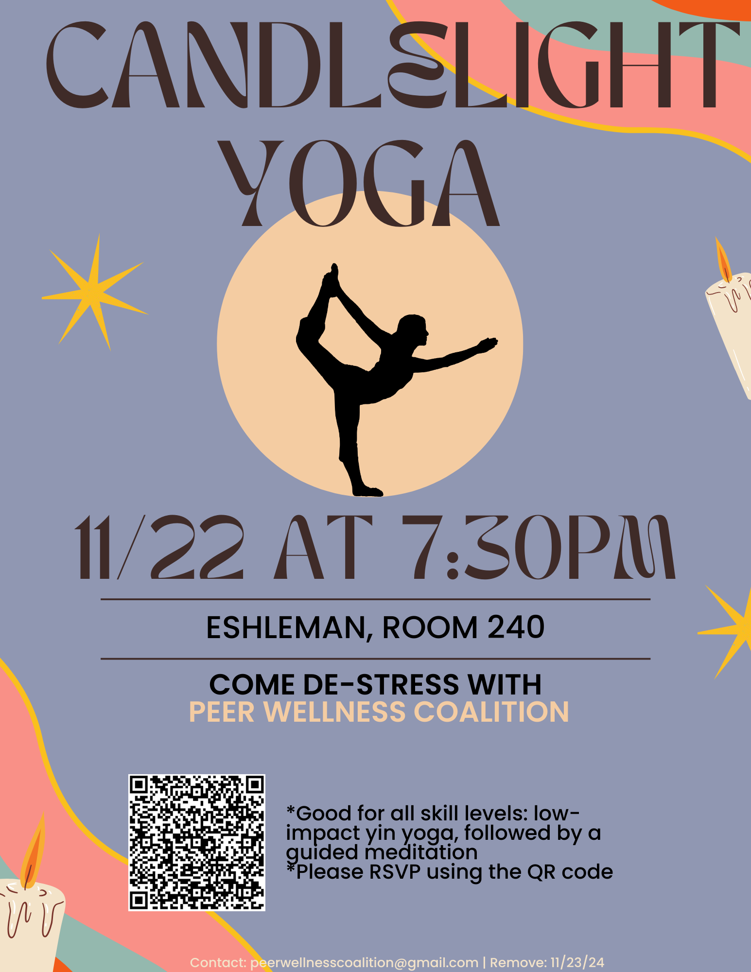 PWC presents candlelight yoga; Eshleman Hall, Room 240 on 11/22/2024 from 7:30PM to 8:30PM; Please RSVP if you need a mat