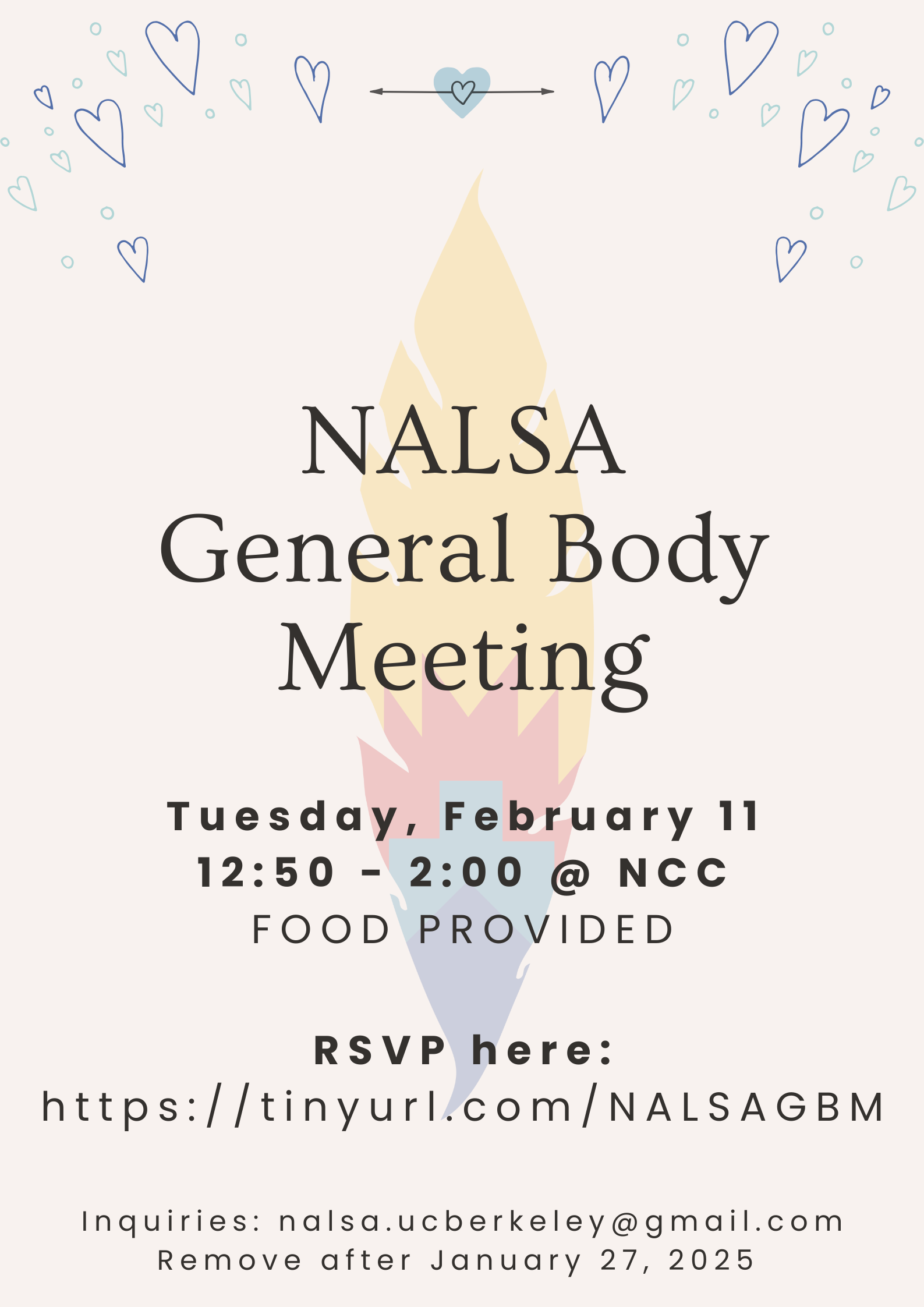 NALSA General Body Meeting. Date: Tuesday, Feb 11; Time: 12:50-2:00 p.m. @ NCC; RSVP here: https://tinyurl.com/NALSAGBM