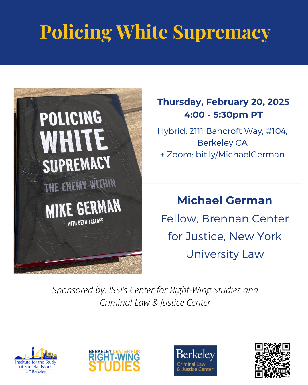 event flyer with picture of book and Mike German