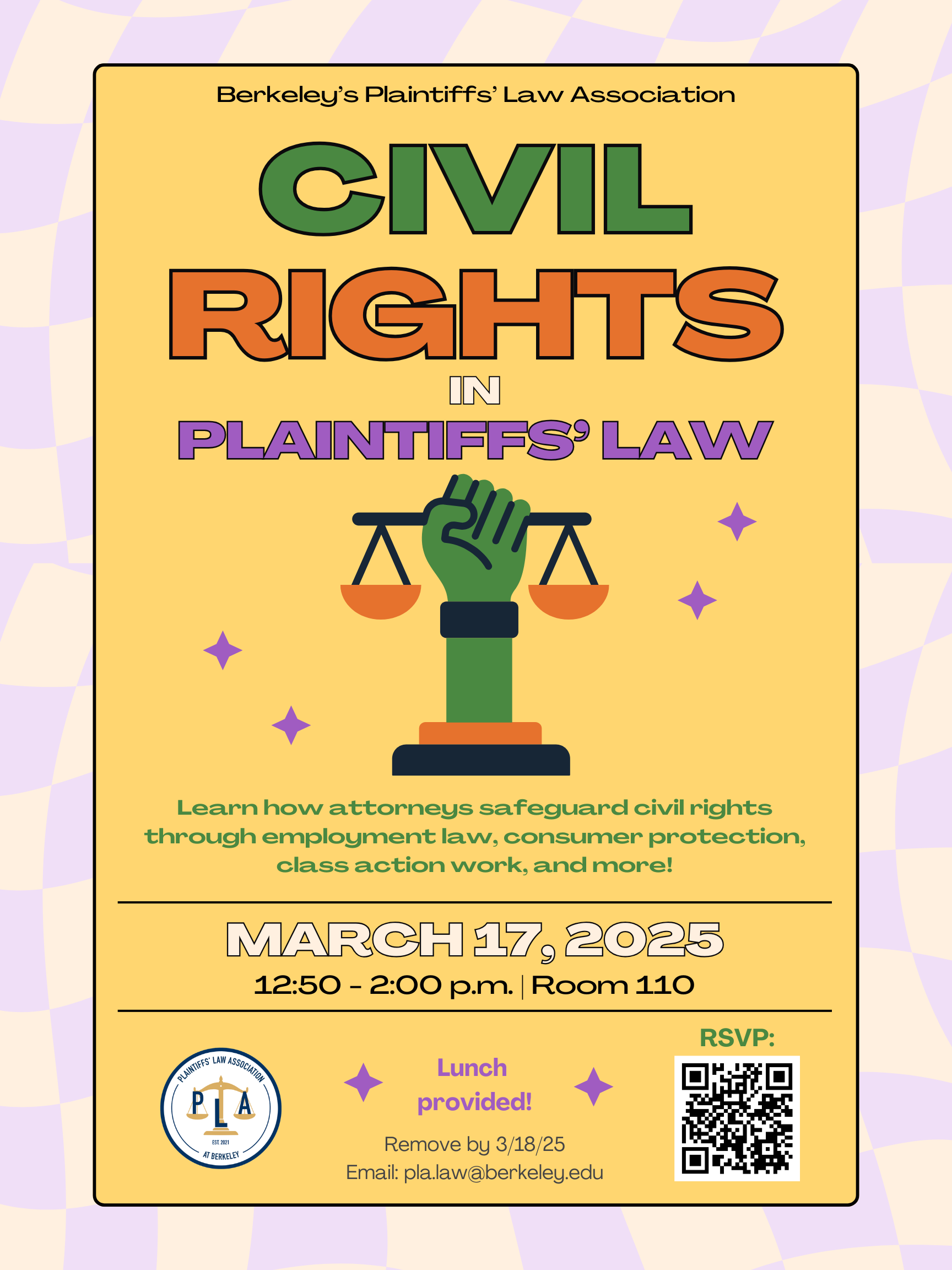 Flyer announcing the Plaintiffs' Law Association's Civil Rights Panel on March 17, 2025 at 12:50 p.m. in Room 110. Lunch will be provided.