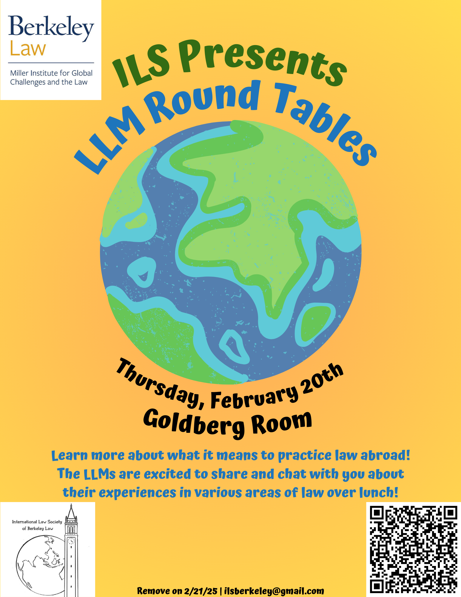 Do you want to know more about what it means to practice law abroad? Lucky for you there are plenty of LLMs who are excited to share their experiences with you. On Thursday, February 20th, we will have our first LLM round table where you will be able to chat directly with LLMs who have experience in various areas of law over lunch!   The event will occur during lunch at 1:00 pm in the Goldberg room on Thursday February 20th.